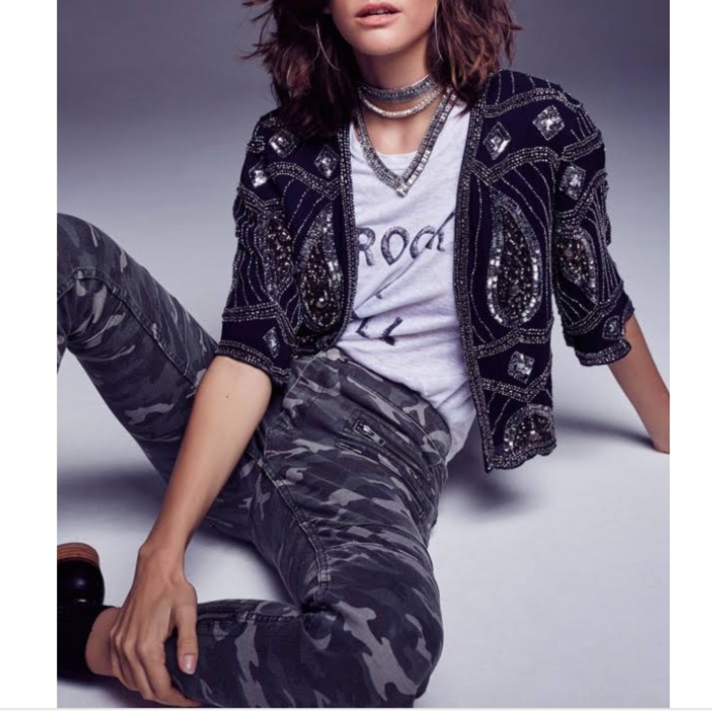 Free People Long and Lean Camouflage Jean Black